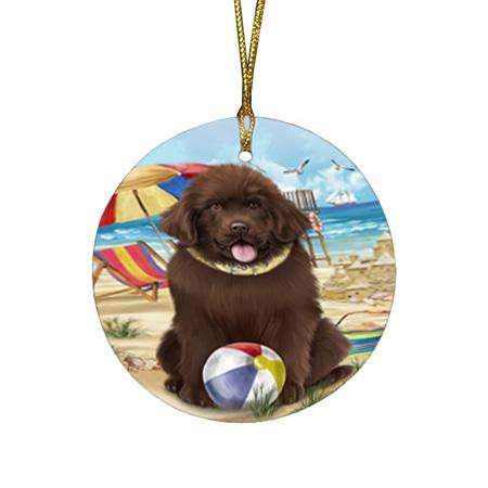 Pet Friendly Beach Newfoundland Dog Round Flat Christmas Ornament RFPOR54163