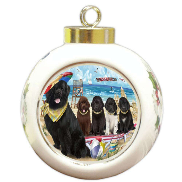 Pet Friendly Beach Newfoundland Dogs Round Ball Christmas Ornament RBPOR54168