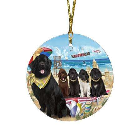 Pet Friendly Beach Newfoundland Dogs Round Flat Christmas Ornament RFPOR54159
