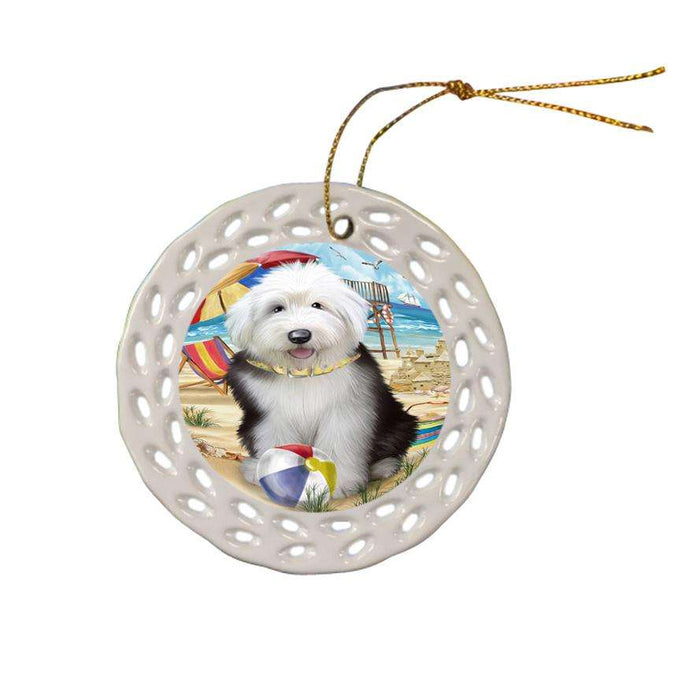 Pet Friendly Beach Old English Sheepdog Ceramic Doily Ornament DPOR50061