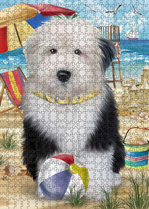 Pet Friendly Beach Old English Sheepdog Puzzle with Photo Tin PUZL53883