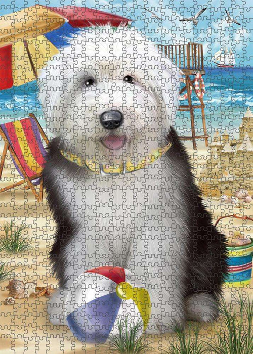Pet Friendly Beach Old English Sheepdog Puzzle with Photo Tin PUZL53889