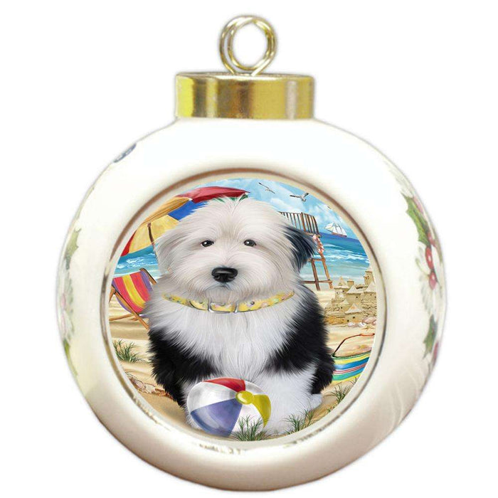 Pet Friendly Beach Old English Sheepdog Round Ball Christmas Ornament RBPOR50059