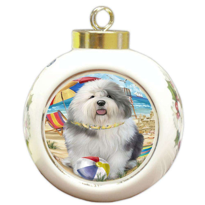 Pet Friendly Beach Old English Sheepdog Round Ball Christmas Ornament RBPOR50060