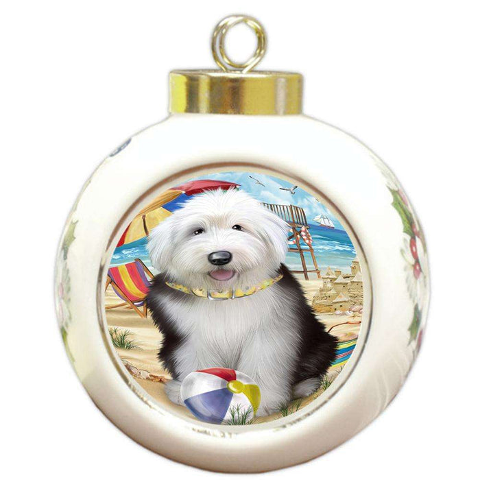 Pet Friendly Beach Old English Sheepdog Round Ball Christmas Ornament RBPOR50061