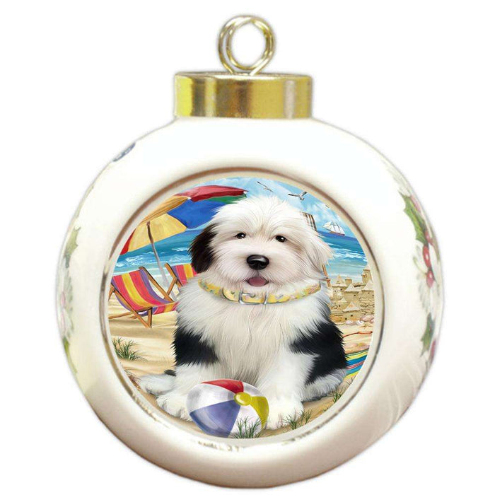 Pet Friendly Beach Old English Sheepdog Round Ball Christmas Ornament RBPOR50062