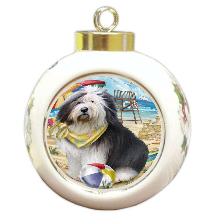 Pet Friendly Beach Old English Sheepdog Round Ball Christmas Ornament RBPOR50063