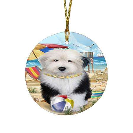 Pet Friendly Beach Old English Sheepdog Round Flat Christmas Ornament RFPOR50050