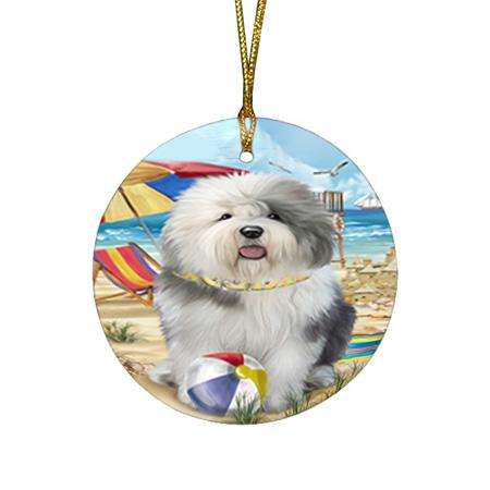 Pet Friendly Beach Old English Sheepdog Round Flat Christmas Ornament RFPOR50051