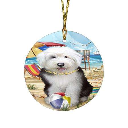 Pet Friendly Beach Old English Sheepdog Round Flat Christmas Ornament RFPOR50052