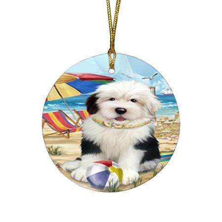Pet Friendly Beach Old English Sheepdog Round Flat Christmas Ornament RFPOR50053