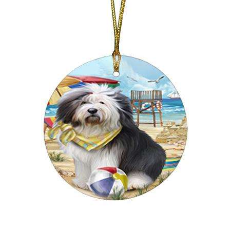 Pet Friendly Beach Old English Sheepdog Round Flat Christmas Ornament RFPOR50054