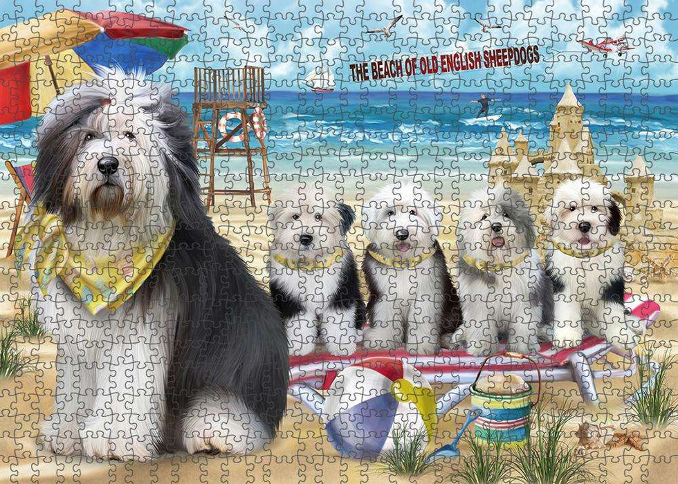 Pet Friendly Beach Old English Sheepdogs Puzzle with Photo Tin PUZL53880
