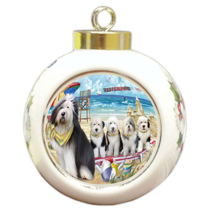 Pet Friendly Beach Old English Sheepdogs Round Ball Christmas Ornament RBPOR50058