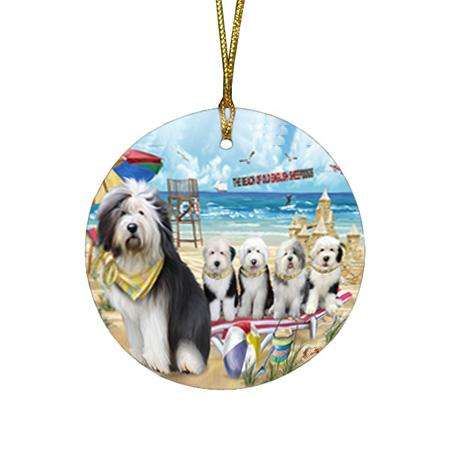 Pet Friendly Beach Old English Sheepdogs Round Flat Christmas Ornament RFPOR50049
