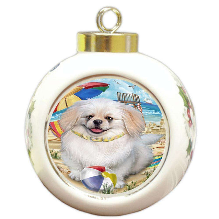 Pet Friendly Beach Pekingese Dog Round Ball Christmas Ornament RBPOR50065