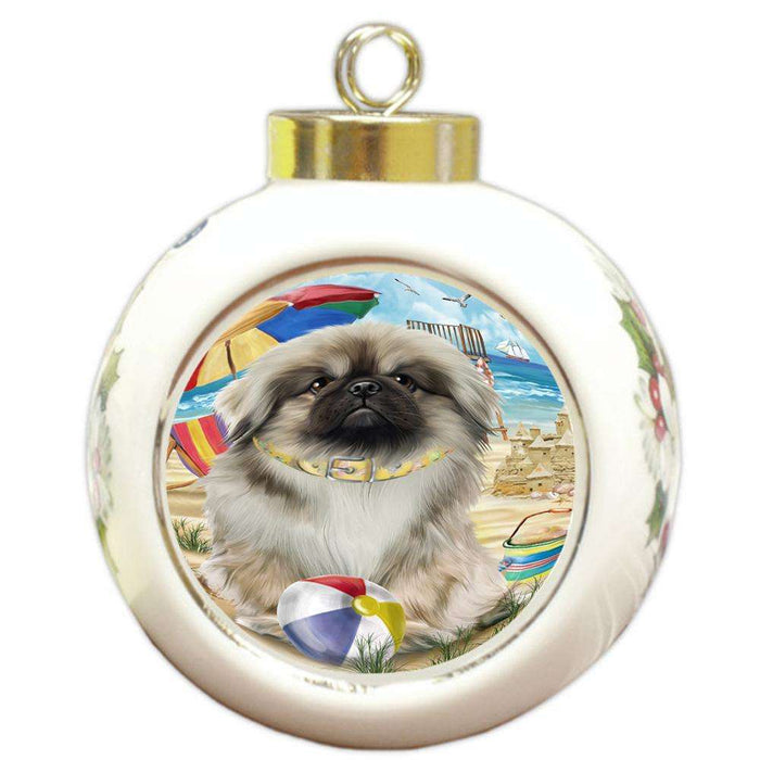 Pet Friendly Beach Pekingese Dog Round Ball Christmas Ornament RBPOR50066