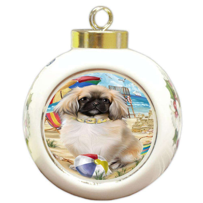 Pet Friendly Beach Pekingese Dog Round Ball Christmas Ornament RBPOR50067