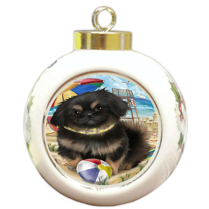 Pet Friendly Beach Pekingese Dog Round Ball Christmas Ornament RBPOR50068