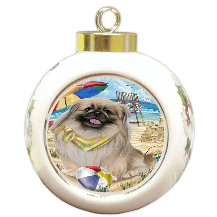 Pet Friendly Beach Pekingese Dog Round Ball Christmas Ornament RBPOR50069