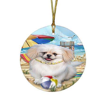 Pet Friendly Beach Pekingese Dog Round Flat Christmas Ornament RFPOR50056