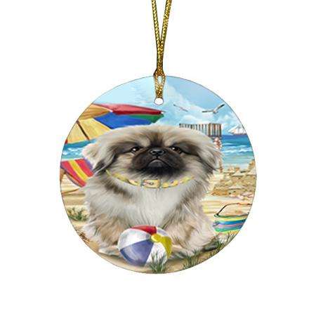 Pet Friendly Beach Pekingese Dog Round Flat Christmas Ornament RFPOR50057