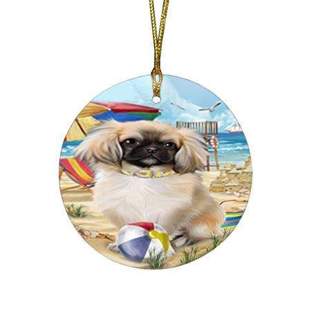 Pet Friendly Beach Pekingese Dog Round Flat Christmas Ornament RFPOR50058