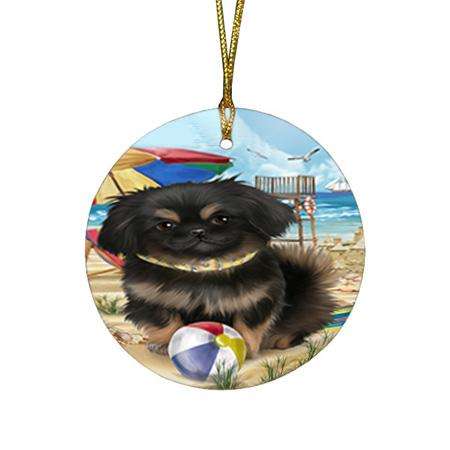 Pet Friendly Beach Pekingese Dog Round Flat Christmas Ornament RFPOR50059