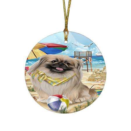 Pet Friendly Beach Pekingese Dog Round Flat Christmas Ornament RFPOR50060