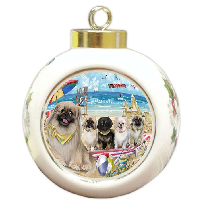 Pet Friendly Beach Pekingeses Dog Round Ball Christmas Ornament RBPOR50064