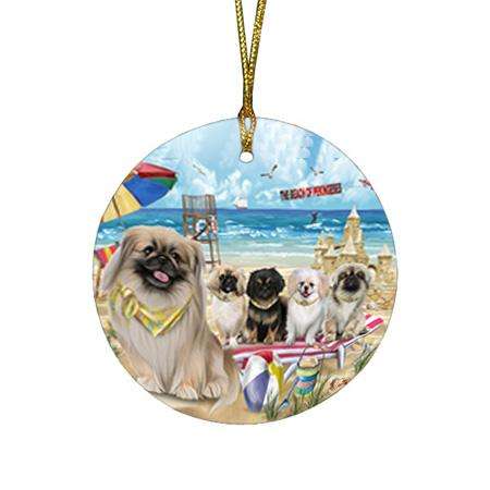 Pet Friendly Beach Pekingeses Dog Round Flat Christmas Ornament RFPOR50055