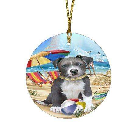 Pet Friendly Beach Pit Bull Dog Round Christmas Ornament RFPOR48651