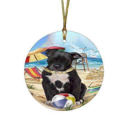 Pet Friendly Beach Pit Bull Dog Round Christmas Ornament RFPOR48653