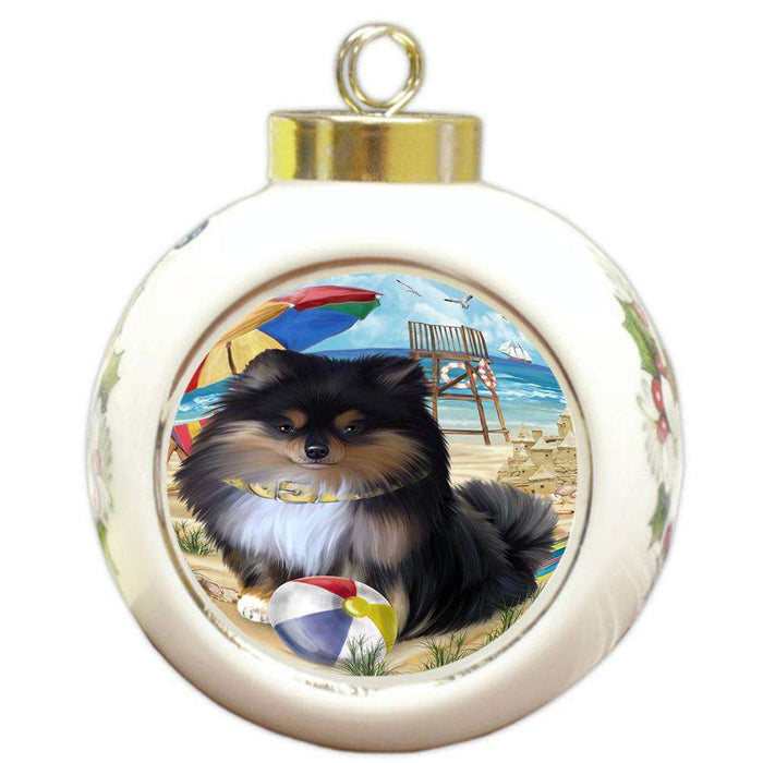 Pet Friendly Beach Pomeranian Dog Round Ball Christmas Ornament RBPOR50071