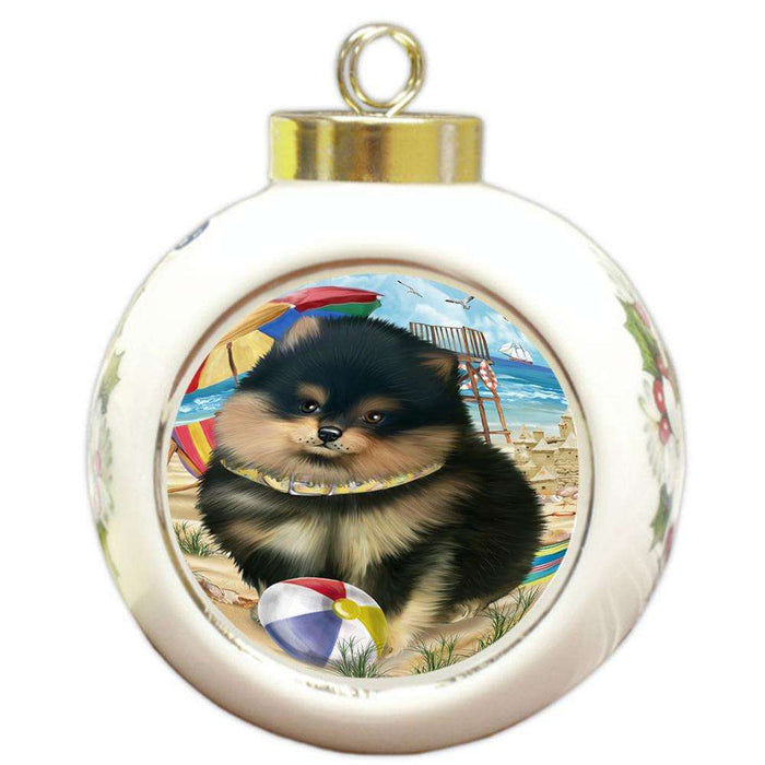 Pet Friendly Beach Pomeranian Dog Round Ball Christmas Ornament RBPOR50072