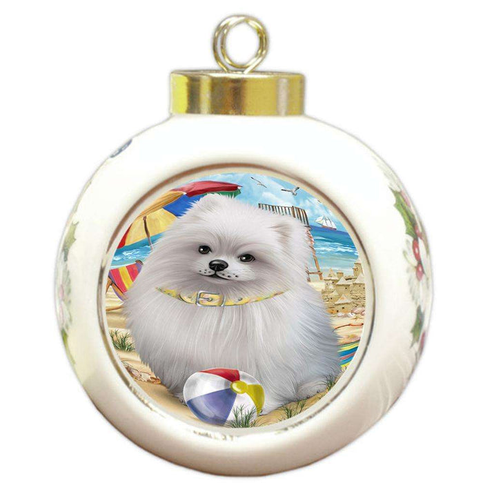 Pet Friendly Beach Pomeranian Dog Round Ball Christmas Ornament RBPOR50073