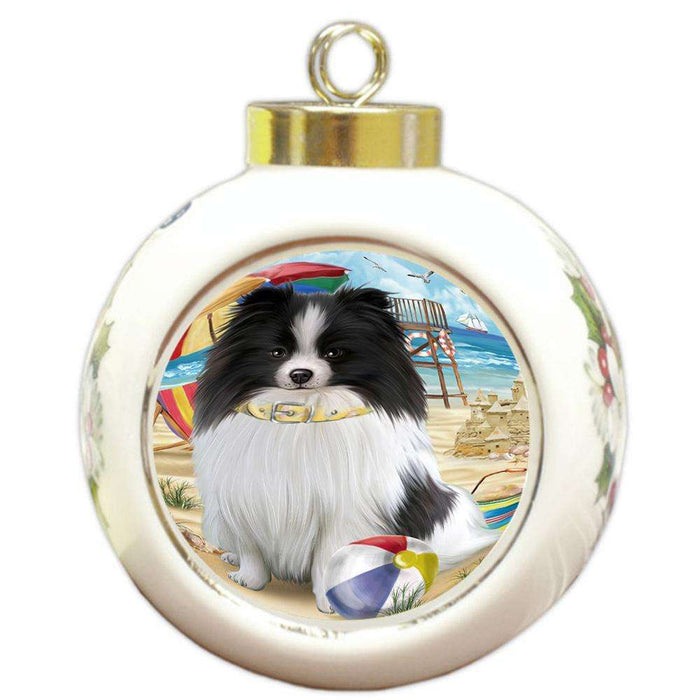 Pet Friendly Beach Pomeranian Dog Round Ball Christmas Ornament RBPOR50074