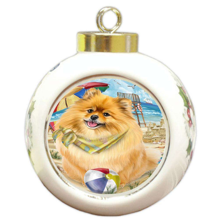 Pet Friendly Beach Pomeranian Dog Round Ball Christmas Ornament RBPOR50075