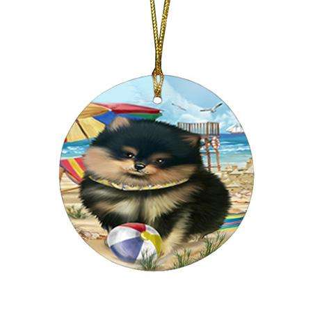Pet Friendly Beach Pomeranian Dog Round Flat Christmas Ornament RFPOR50063