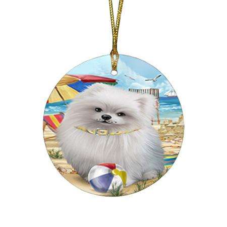 Pet Friendly Beach Pomeranian Dog Round Flat Christmas Ornament RFPOR50064