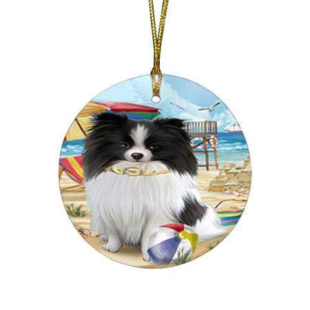 Pet Friendly Beach Pomeranian Dog Round Flat Christmas Ornament RFPOR50065
