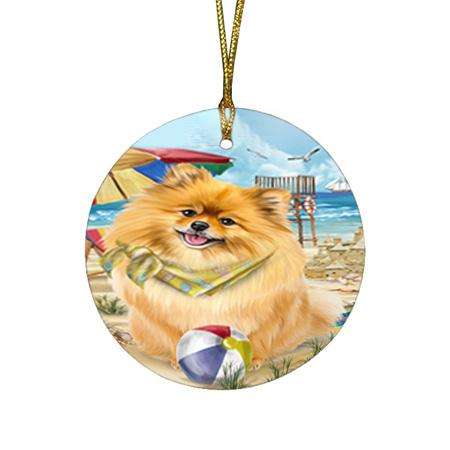 Pet Friendly Beach Pomeranian Dog Round Flat Christmas Ornament RFPOR50066