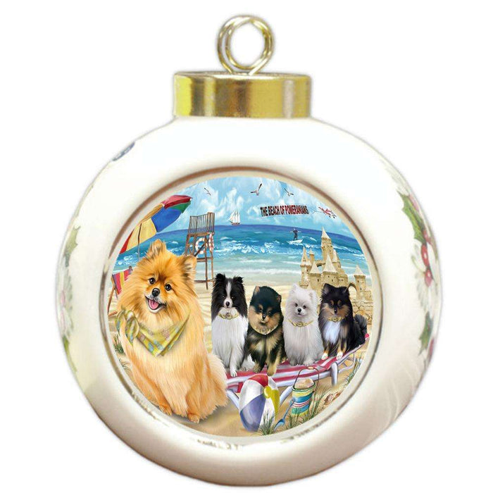Pet Friendly Beach Pomeranians Dog Round Ball Christmas Ornament RBPOR50070