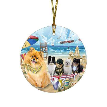 Pet Friendly Beach Pomeranians Dog Round Flat Christmas Ornament RFPOR50061