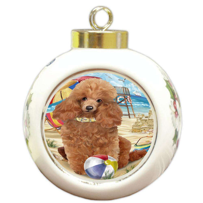 Pet Friendly Beach Poodle Dog Round Ball Christmas Ornament RBPOR48667