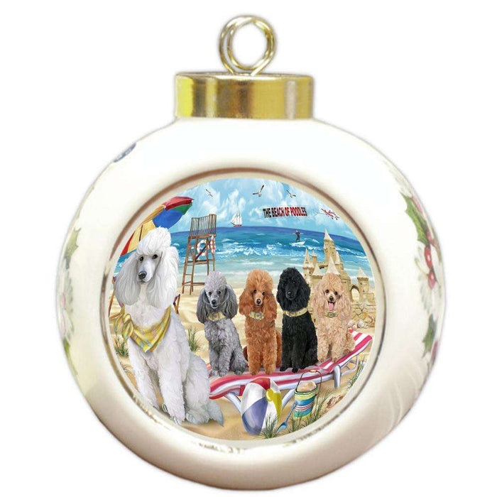 Pet Friendly Beach Poodles Dog Round Ball Christmas Ornament RBPOR48665