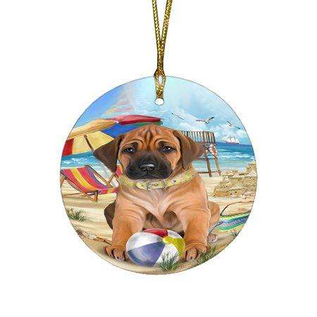 Pet Friendly Beach Rhodesian Ridgeback Dog Round Christmas Ornament RFPOR48664