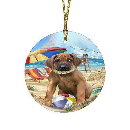 Pet Friendly Beach Rhodesian Ridgeback Dog Round Christmas Ornament RFPOR48665