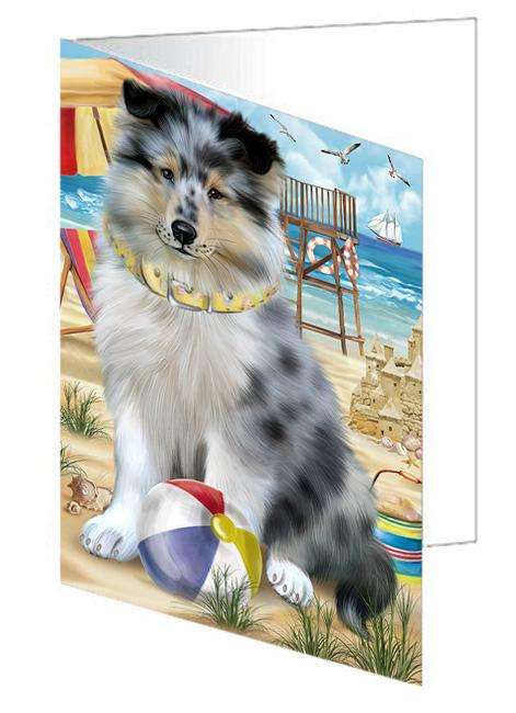 Pet Friendly Beach Rough Collie Dog Handmade Artwork Assorted Pets Greeting Cards and Note Cards with Envelopes for All Occasions and Holiday Seasons GCD66575