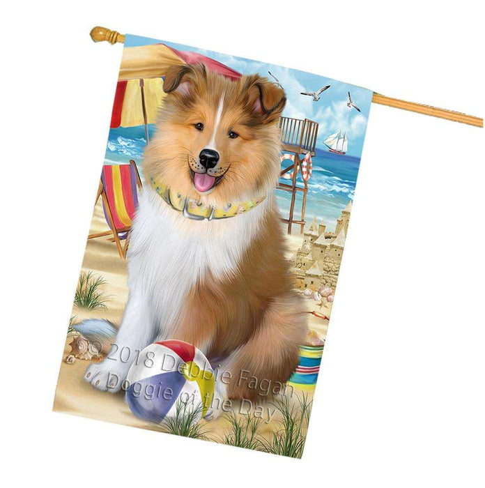 Pet Friendly Beach Rough Collie Dog House Flag FLG54381